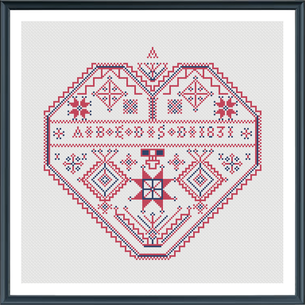 Bröllopsminne med hjärta och text i hela korsstygn på linne eller aidaväv.