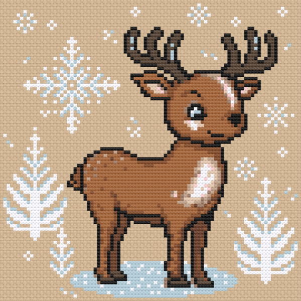 Broderi med jultema, en söt ren och snöflingor i hela korsstygn.