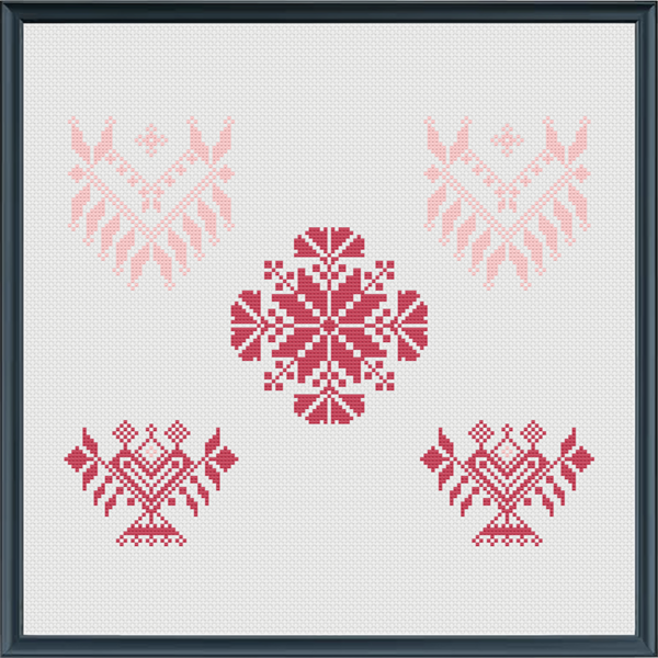 Mönster efter en bonad i korsstygn från Delsbo, sydd 1861.