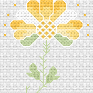 Litet korsstygnsbroderi med en blomma i gult och vitt.