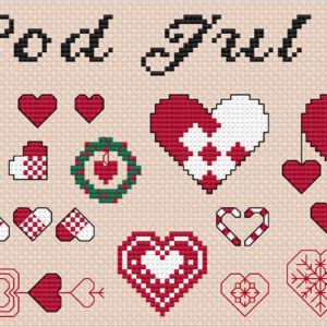 Korsstygnsbroderi med enkla julhjärtan och texten "God jul"