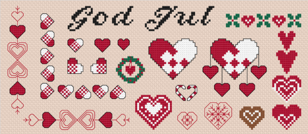 Korsstygnsbroderi med enkla julhjärtan och texten "God jul"